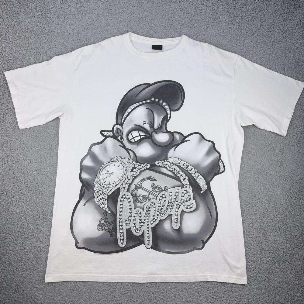 Vintage Popeye Shirt Mens 2XL White Changes Bling Rhinestone Hip Hop Graphic Tee